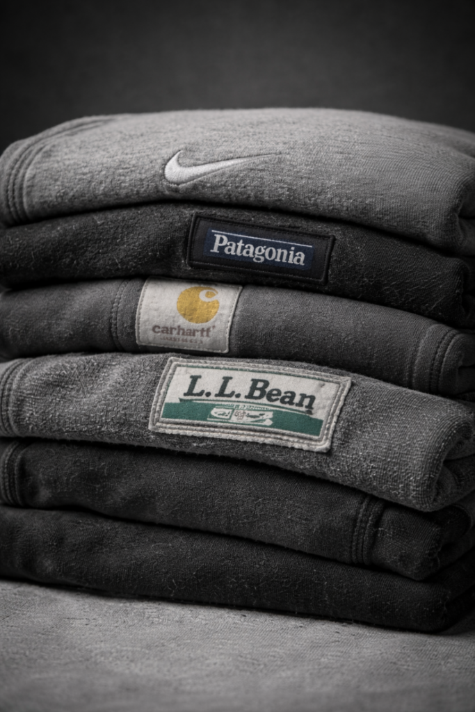 Stack of vintage apparel from Nike, Patagonia, Carhartt and L.L. Bean