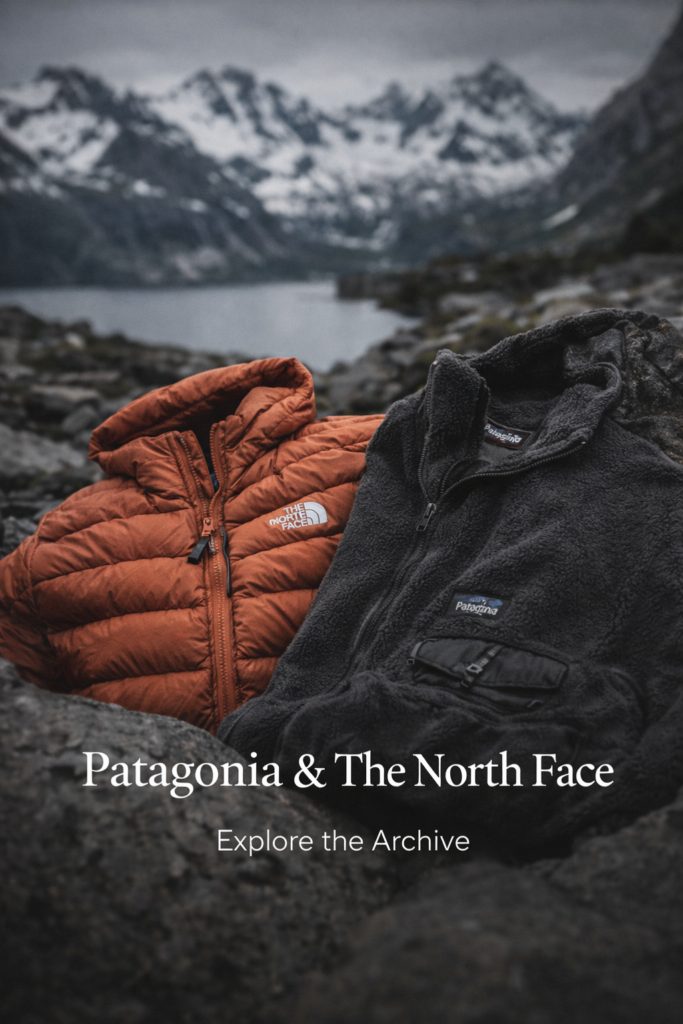 Pair of vintage Patagonia and The North Face jackets laying in front of a mountain range