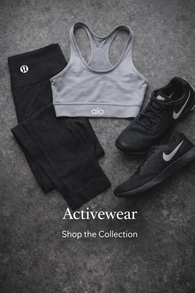 Lululemon, Alo, and Nike vintage apparel laid flat across a granite back drop
