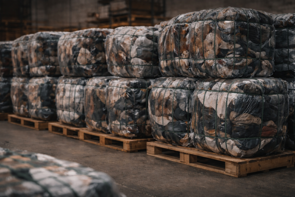 Stacked piles of vintage apparel bales sold in bulk by the pound
